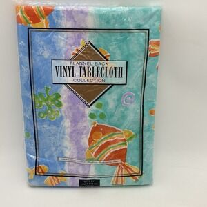 Vintage Fish Vinyl Tablecloth‎ 60x84 Oblong Flannel Back Coastal NOS